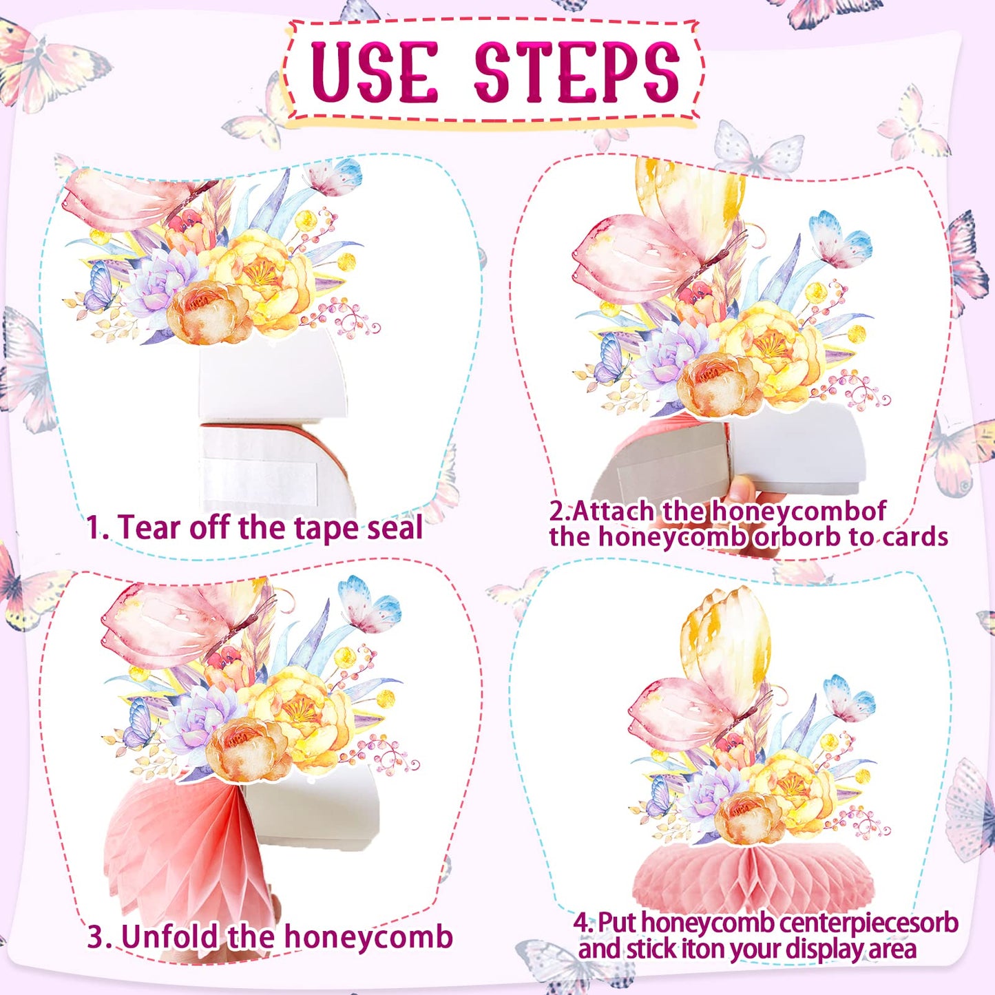 10Pcs Butterfly Party Decorations,Spring Pink Purple Butterfly Flowers Centerpieces 3D Table Honeycomb Toppers Butterfly Theme Birthday Party Decor For Girls Baby Shower Party Photo Prop Supplies