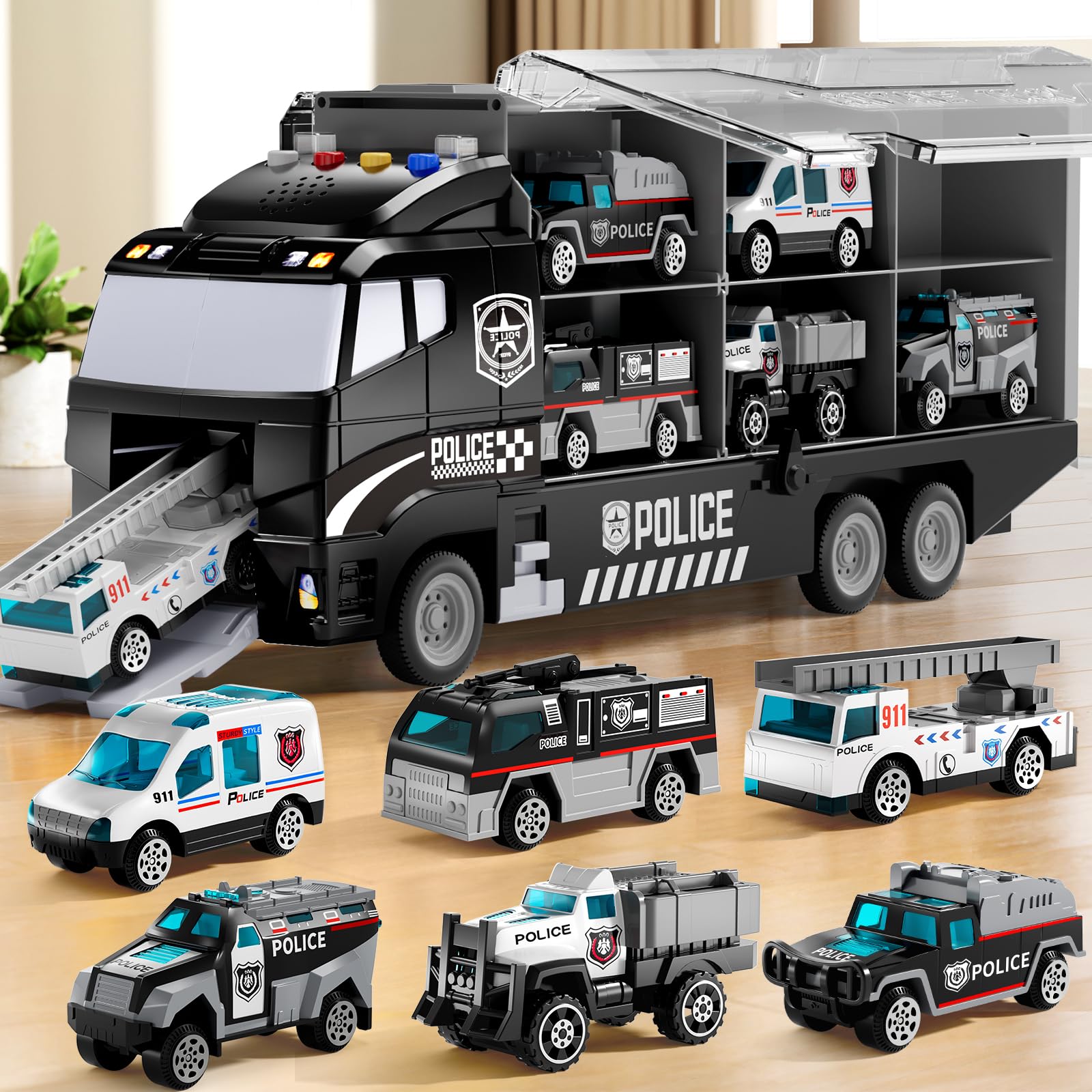 Niplooow Toddler Boys Toys For 3 4 5 6 Years Old, Police Truck Vehicle Toy Set With Play Mat, Die-Cast Toy Car Carrier Truck For