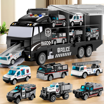 Niplooow Toddler Boys Toys For 3 4 5 6 Years Old, Police Truck Vehicle Toy Set With Play Mat, Die-Cast Toy Car Carrier Truck For