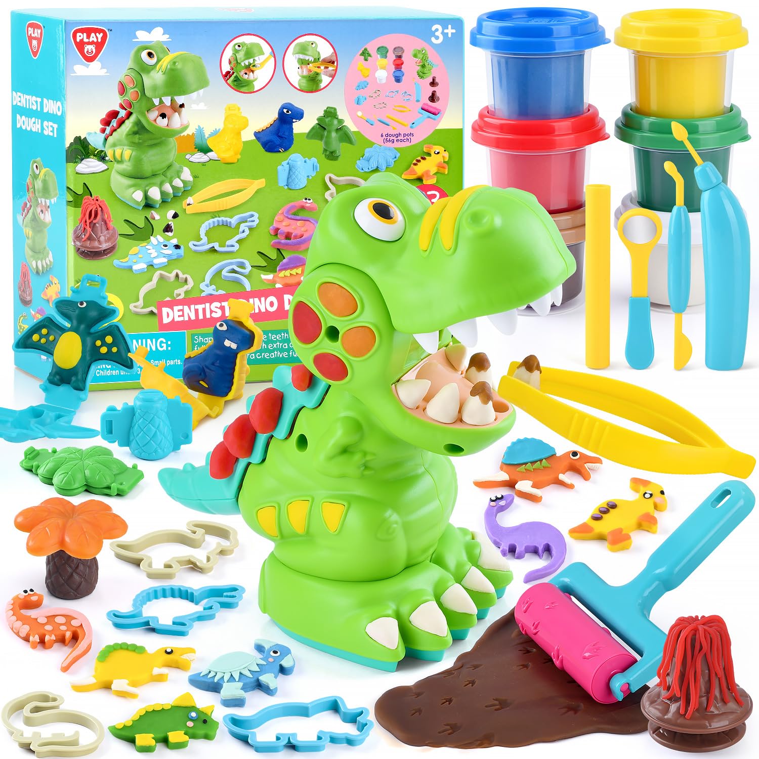PLAY Dinosaur Clay Sets for Ages Kids 4-8 - Color Dough Toys with Dentist Play Set, 15 Dough Tool Set with Volcano, Dinosaur Foo