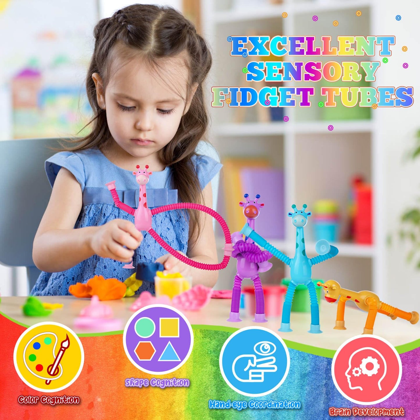 4 Pack Led Telescopic Suction Cup Giraffe Toys,Pop Tubes, Shape Changing Telescopic Tube Fidget Toys, Toddler Sensory Toys, Fidget Tubes Sensory Toys For Girls Boys (Giraffe)