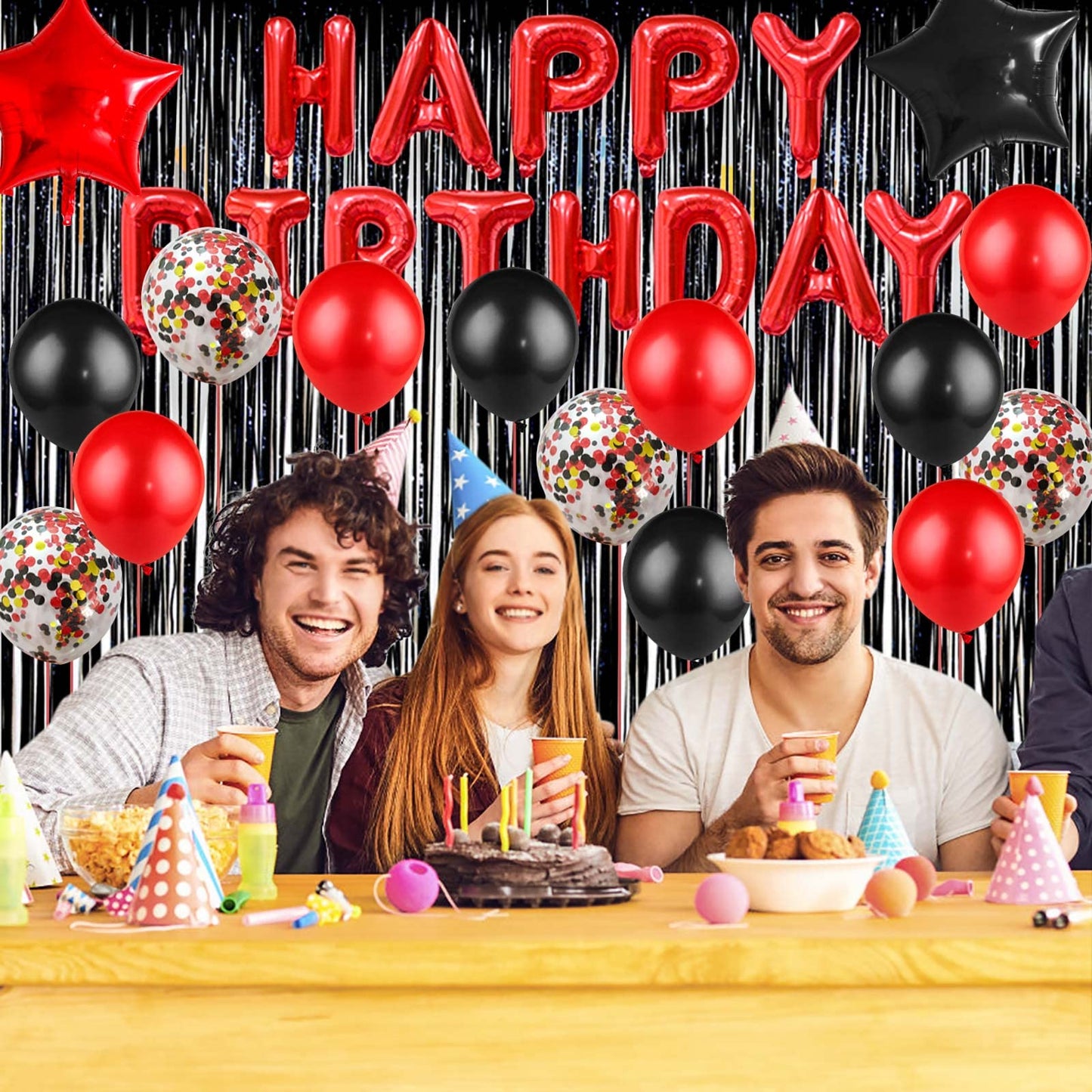 Red Black Birthday Party Decoration Kit - Happy Birthday Banner,Fringed Curtain,Latex Balloon And Confetti Balloons For Girls An
