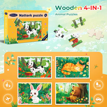 Nattork Wooden Puzzles For Kids Ages 4-8, 4-In-1 Wooden Jigsaw Puzzles In A Box (48 Pcs), Toddler Educational Toy Gift With Animals Cat Puzzles, Funny Puzzle Game For Kids Ages 3-5