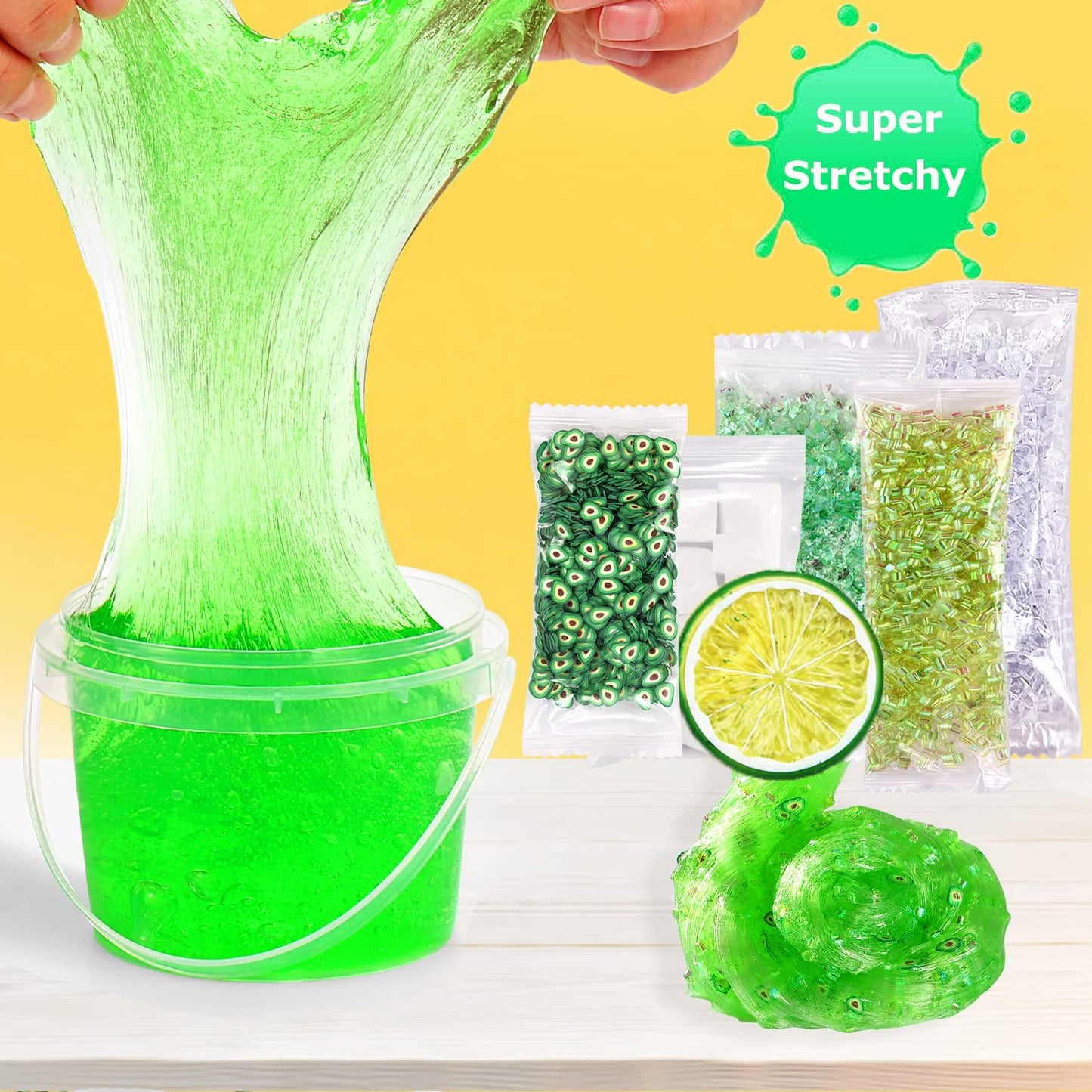 Azeperoy Premade Crystal Slime Set - Green Jelly Cube, Soft & Non-Sticky, Includes 6 Add-ins, Perfect Party Favors for Kids