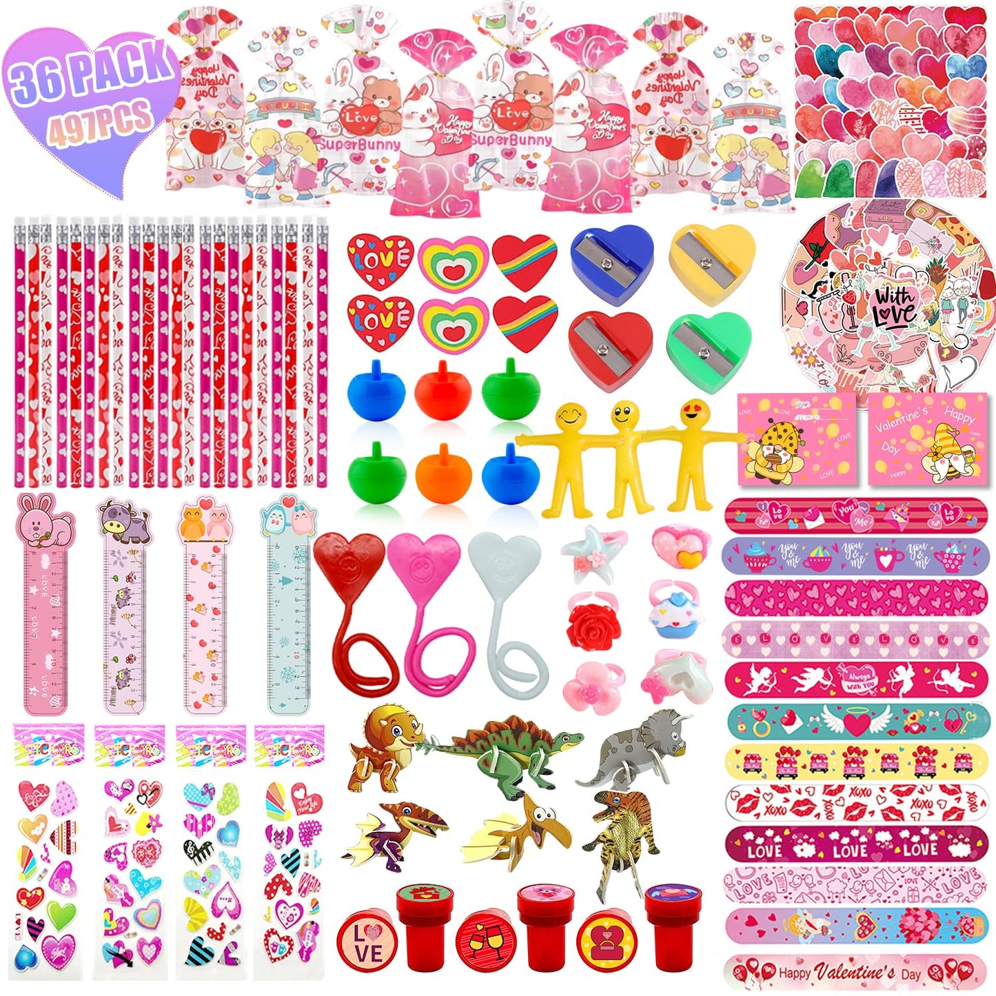SQZUWIT 497PCS Valentines Day Gifts for Kids, 36 Pack Valentines Day Party Favor with Cards Pencils Stickers Erasers Stampers Cl