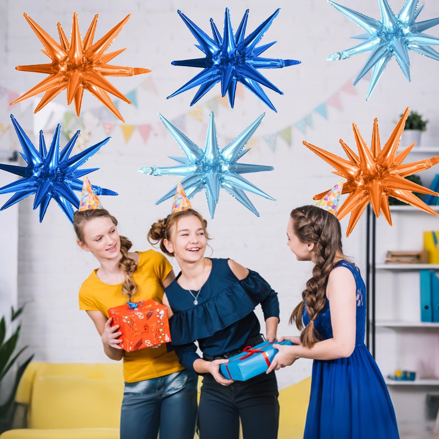 6PCS Star Balloons, 22Inch Blue and Orange Star Balloon Explosion Foil Balloons Cone Spike Balloon for Birthday Graduation Weddi