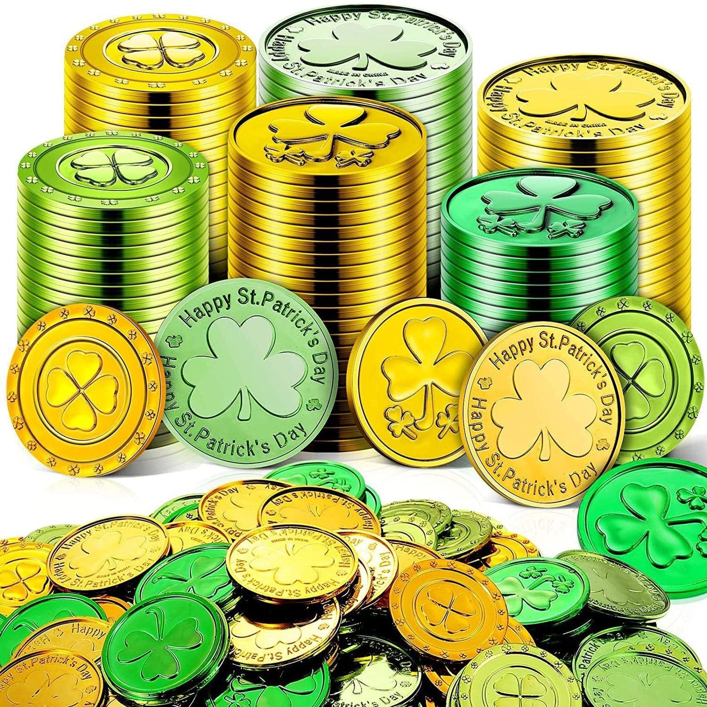 Lippbest St Patrick's Day Gold and Green Lucky Coins - 120 Pcs Plastic Shamrock Leprechaun Coins for Irish Party Table Decoratio