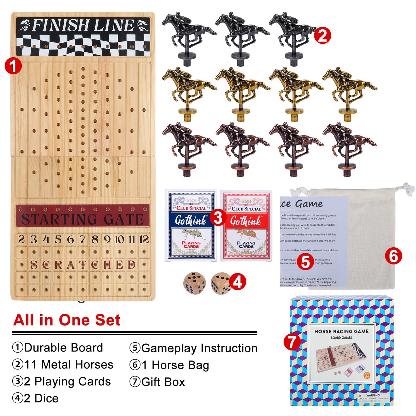 Offelec Large Foldable Wooden Horse Race Board Game with 11 Metal Horses, 2 Dices & Cards - Fun Family Game, Portable Design