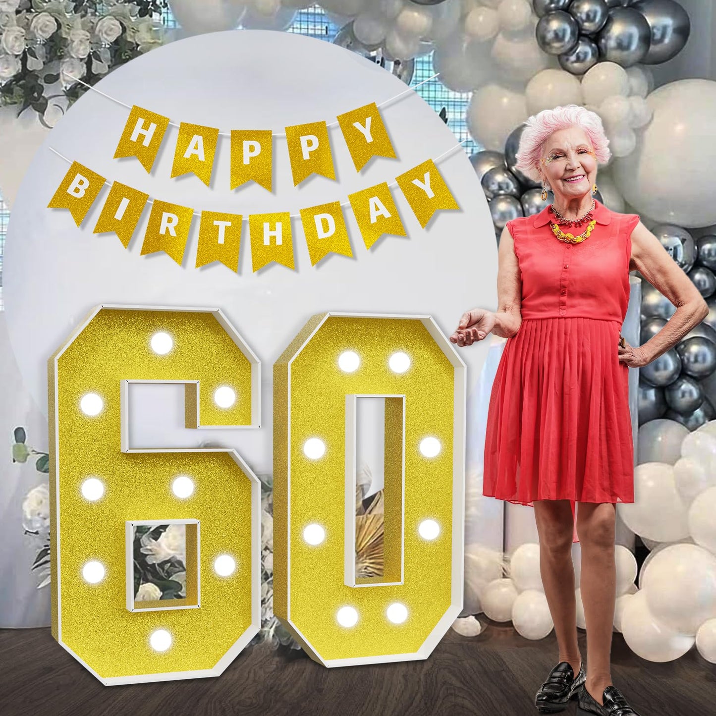 Imprsv Marquee Numbers Gold 60Th-Birthday Decorations: Large 3Ft Light Up Number 60 Birthday Decoration For Women Men Sixty Year