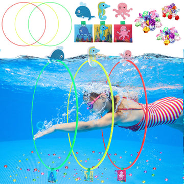 Wettarn 69 Pcs Diving Toys Pool Toys Games Set Diving Swim Thru Rings Training Swim Hoops Float Animal Buoys Sand Bags Diving Ge