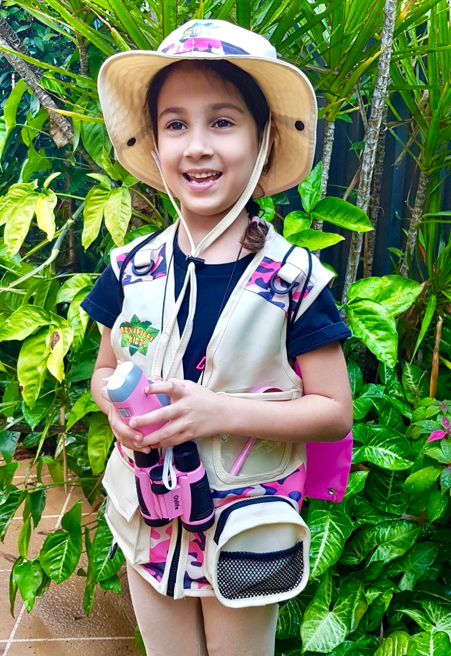 Kidz@Play Pink Bug Hunting Kit - Vest, Hat, Binoculars, Net, Container & More - Perfect for Kids' Outdoor Adventures, Small Size