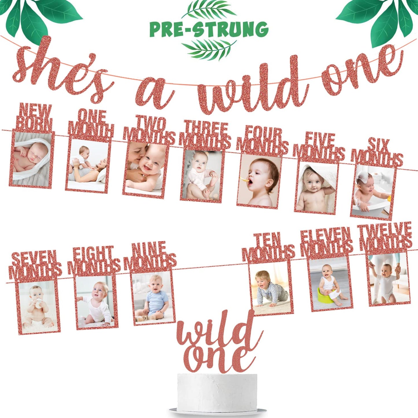 Wild One Birthday Decorations - Rose Gold Glitter She'S A Wild One Banner + Baby 1St Birthday Photo Banner From Newborn To 12 Mo
