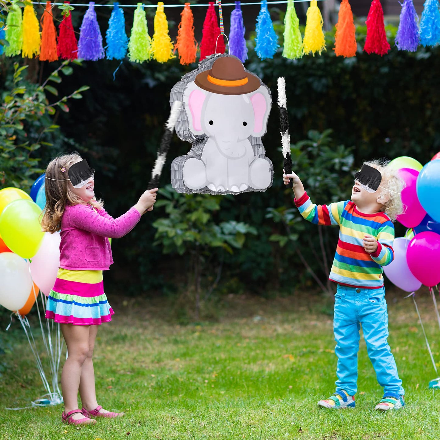 Piñata Bundle With A Blindfold And Bat (16 X 12 X 3 Inches), Cute Animal Piñata For Girls Boys Kids Birthday Party Toys Decoration For Animal Theme Birthday Party Game Supplies Photo Prop(Elephant)