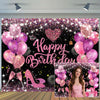 Happy Birthday Banner Backdrop, Pink Birthday Decorations Large Banner Party for Women Girls Decorations Supplies, Gold Black Si