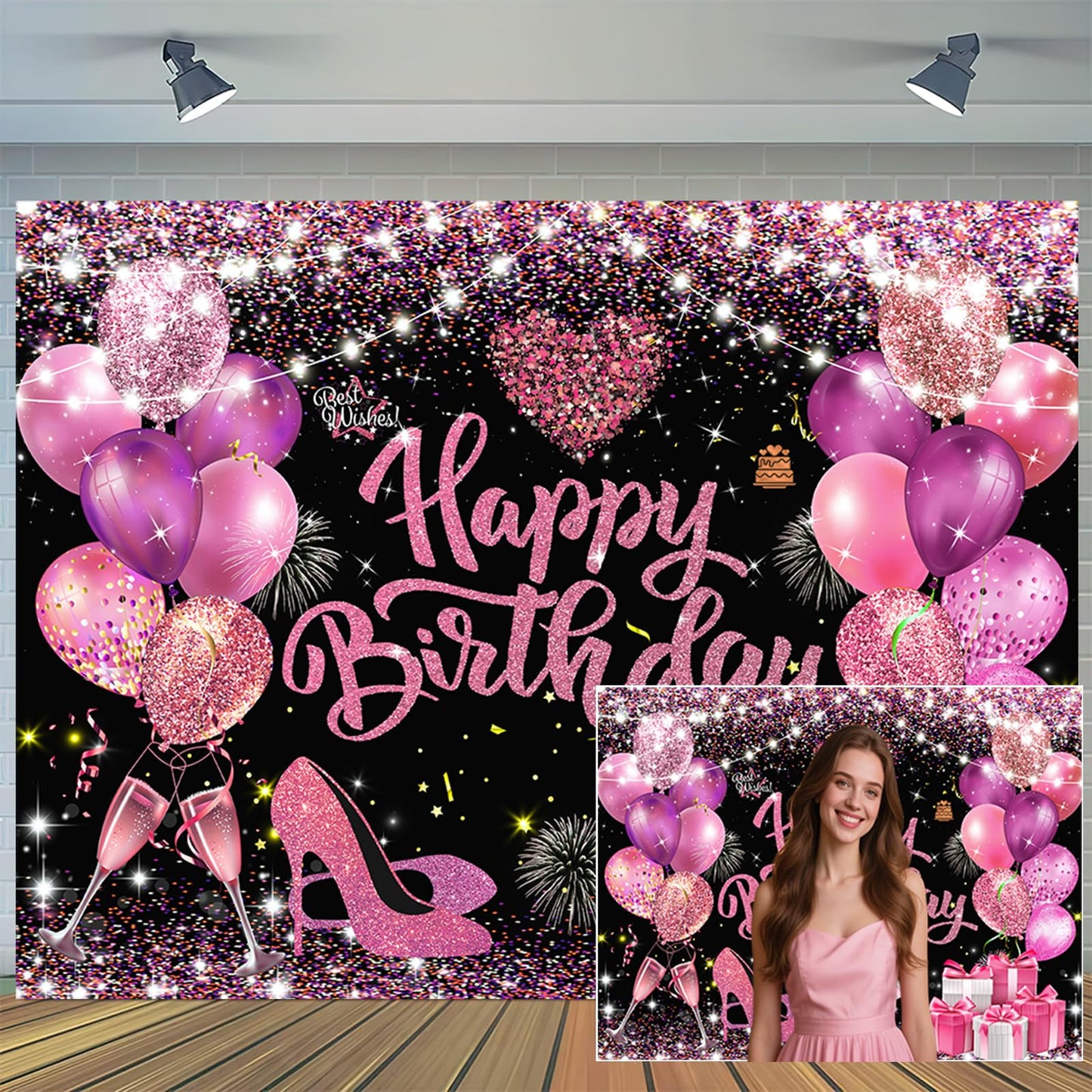 Happy Birthday Banner Backdrop, Pink Birthday Decorations Large Banner Party for Women Girls Decorations Supplies, Gold Black Si