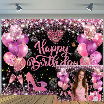Happy Birthday Banner Backdrop, Pink Birthday Decorations Large Banner Party for Women Girls Decorations Supplies, Gold Black Si