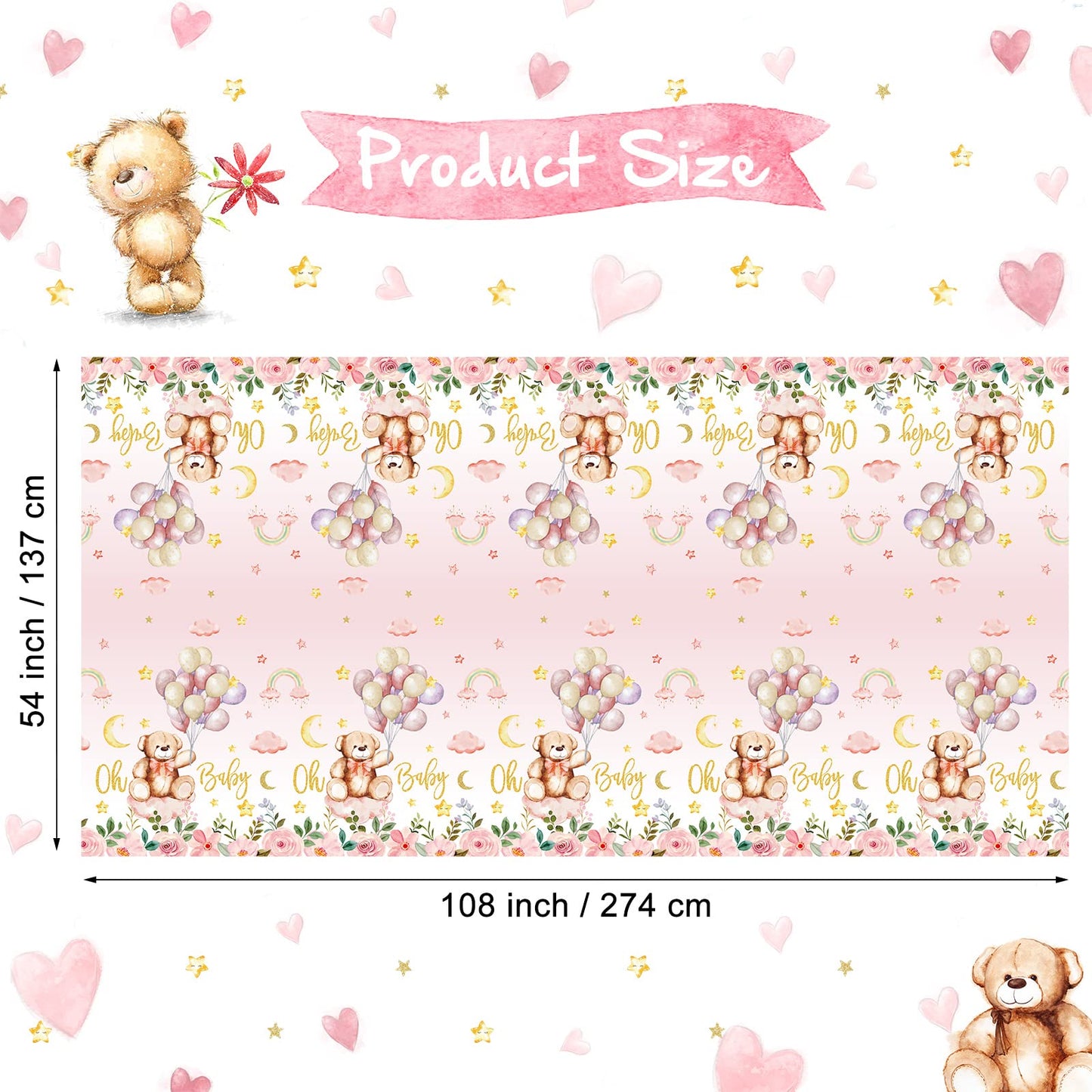 3 Pack Teddy Bear Baby Shower Tablecloth Plastic Table Cover Balloon Bear Rectangle Tablecloth For Boy Girl Gender Reveal Birthday Baby Shower Bear Theme Party Decor, 54 X 108 Inch (Pink)