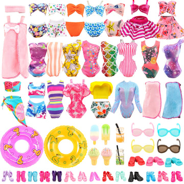 Lot 26 Pack Doll Clothes and Accessories Beach Bathing Set Including 5 Swimsuit 1 Bathrobe 2 Swimming Rings with 18 pcs Glasses Shoes Drinks for 11.5 inch Girl Dolls