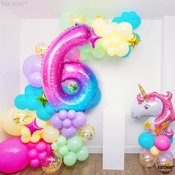 Katchon, Giant Rainbow Number 6 Balloon - 40 Inch | Galaxy Number 6 Balloon | 6 Balloon Number For Birthday Girl | Number Six Birthday Balloon For 6Th Birthday Decorations | 6Th Birthday Balloons