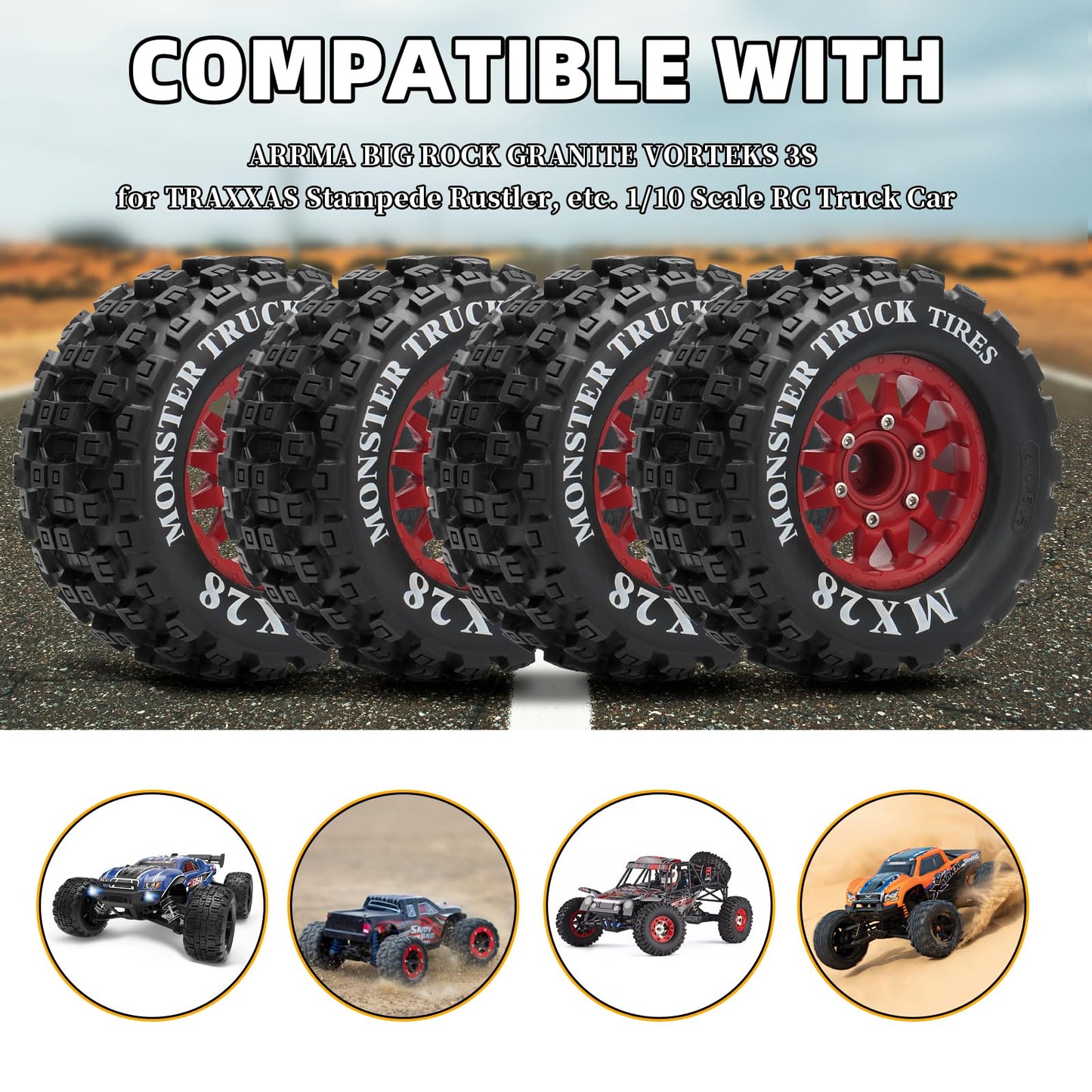 2.8'' Rc Tires With 12Mm/14Mm Hex Adapter 1/10 Scale Rc Truck Tires Rc Wheels And Tires Set For Traxxas Arrma Rustler Stampede 4