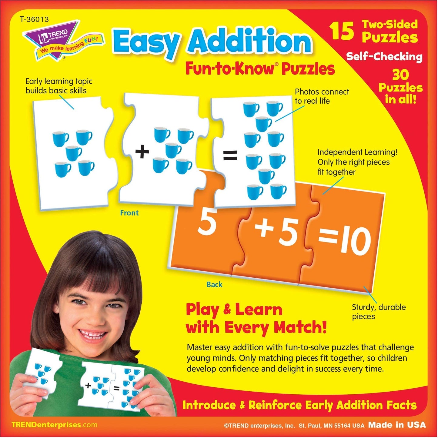 Trend Enterprises: Fun-To-Know Puzzles: Easy Addition, Learn To Add & Solve Basic Equations, 15 Three-Piece Two-Sided Puzzles, Self-Checking, 30 Puzzles Total, For Ages 4 And Up