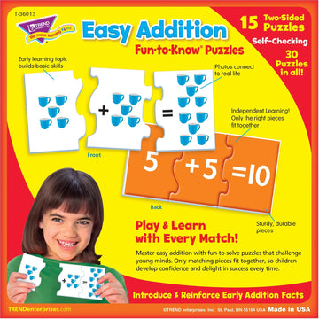 Trend Enterprises: Fun-To-Know Puzzles: Easy Addition, Learn To Add & Solve Basic Equations, 15 Three-Piece Two-Sided Puzzles, Self-Checking, 30 Puzzles Total, For Ages 4 And Up