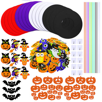 Winlyn 12 Sets Halloween Wreath Decorations Foam Halloween Wreath Signs Craft Kits Pumpkins Jack-O`-Lantern Owl Ghost Witch Bats Monster Stickers For Kids Art Gift Favors Trick-Or-Treaters Front Door