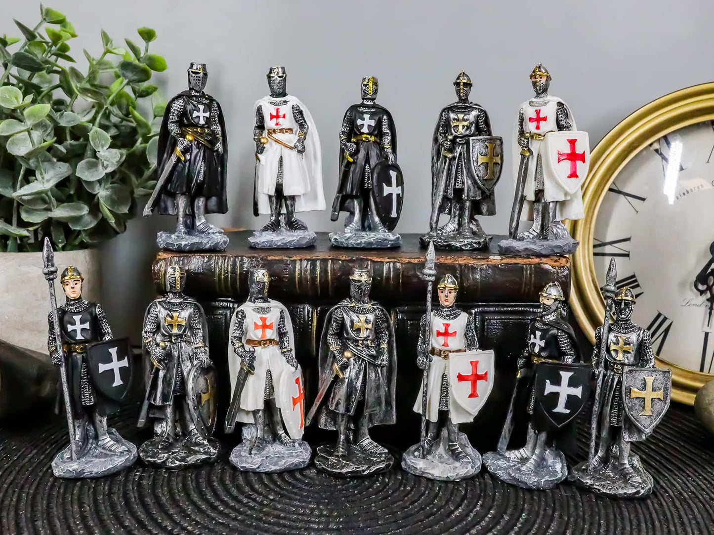 Ebros Gift Set of 12 Medieval Knights of The Cross Crusaders with decorative replica blades Halberds and Shields Figurines Suit of protective covering Miniature European Knight D?cor Sculptures