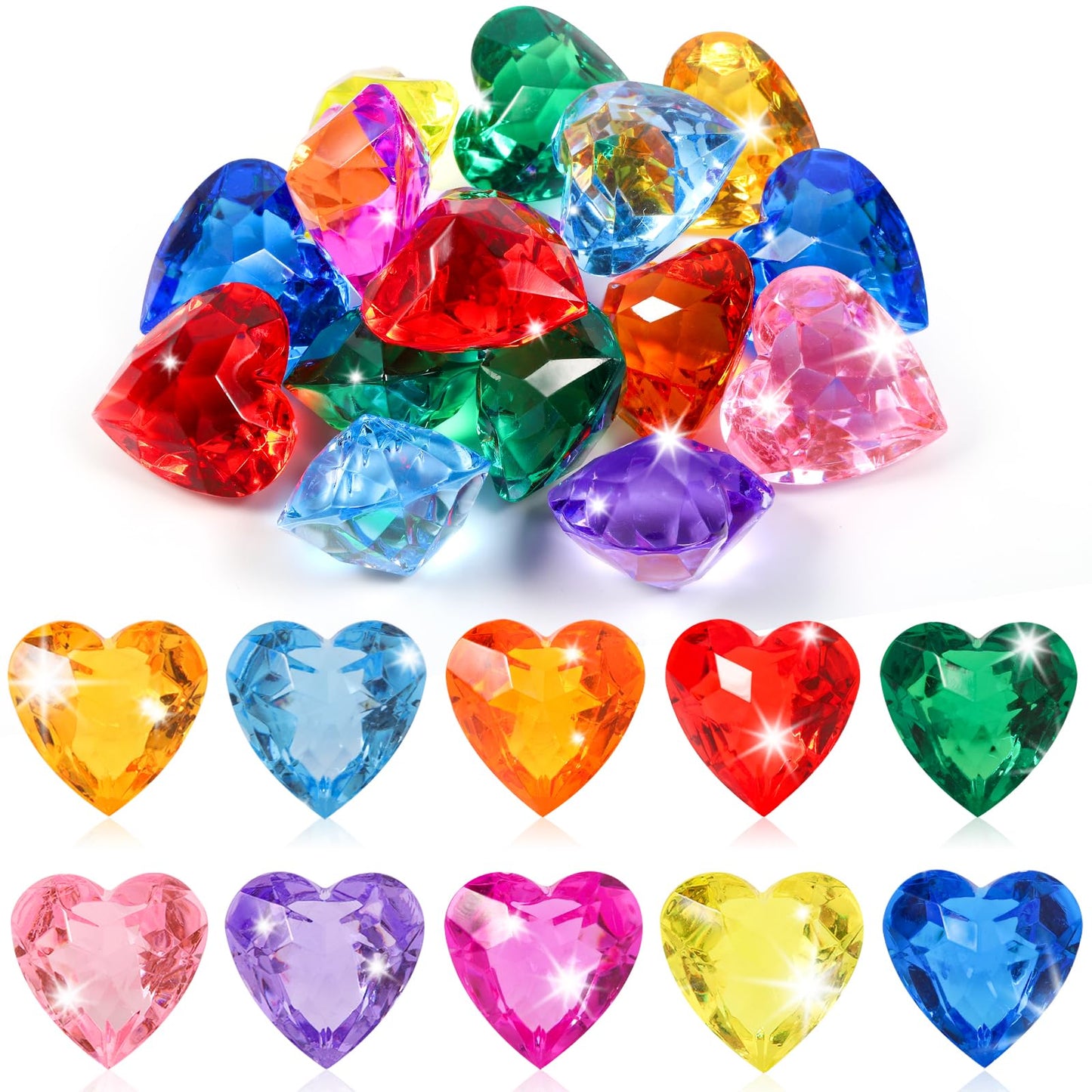 Niceup 30pcs Heart Gemstones Diamond Diving Pool Toys 1.57in Small Crystal Acrylic 3D Gems Heart Shape Gemstones for Mermaid Treasure Hunt Party Favors (Red)