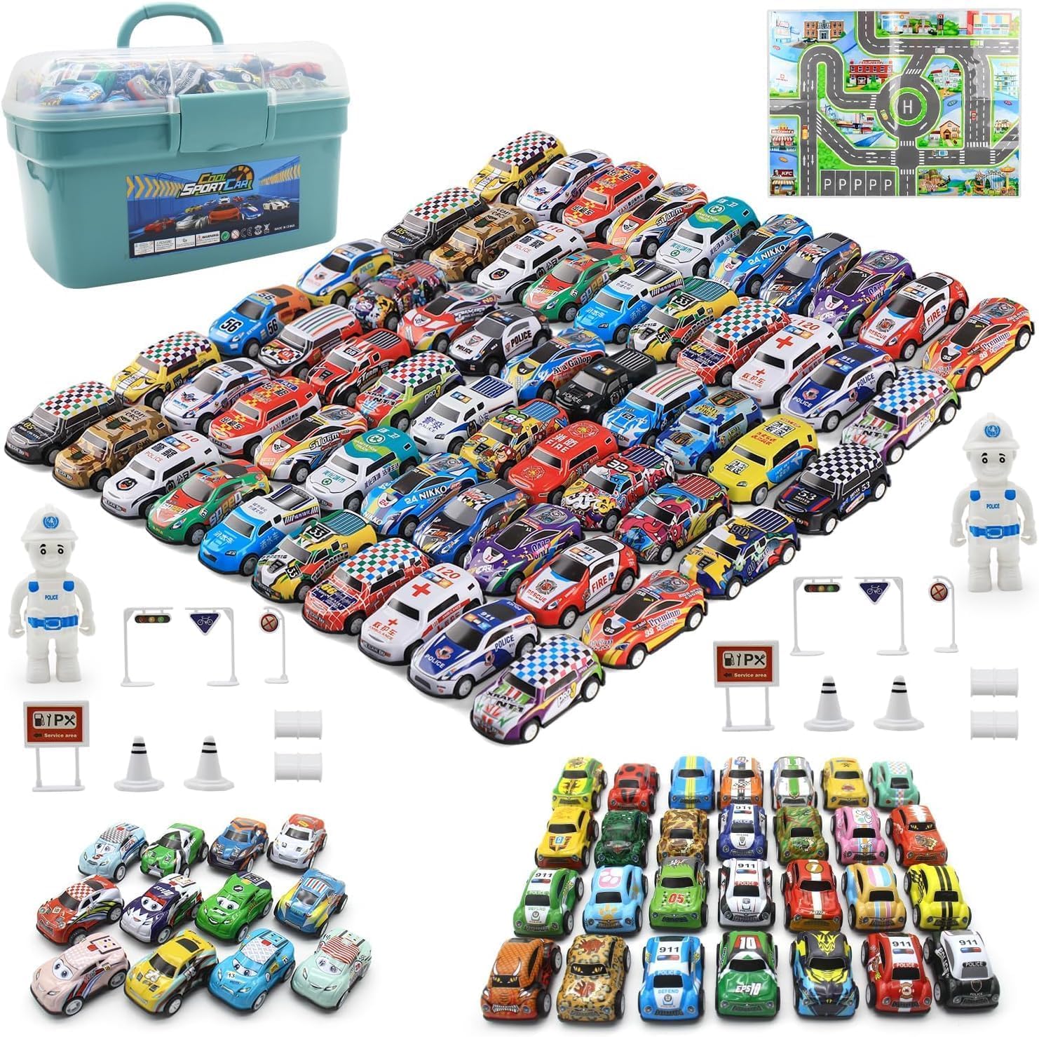 Mostop 100 PCS Mini Pull Back Car Set, Pull Back Racing Vehicles for Kids Toddlers, Kids Party Favors Car Pack Toy with Storage 