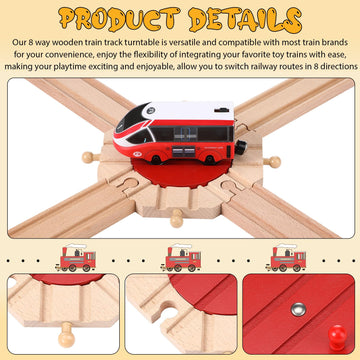 Syhood 2 Pieces Wooden Train Track Expansion Packs Wooden Train Accessories 8 Way Wood Track Turntables Compatible with Most Tra
