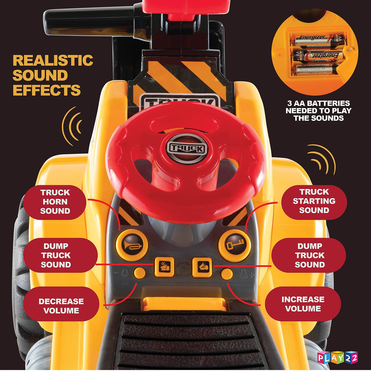 Play22 Toy Tractors for Kids Ride On Excavator - Music Sounds Digger Scooter Bulldozer Includes Helmet with Rocks - Pretend Play