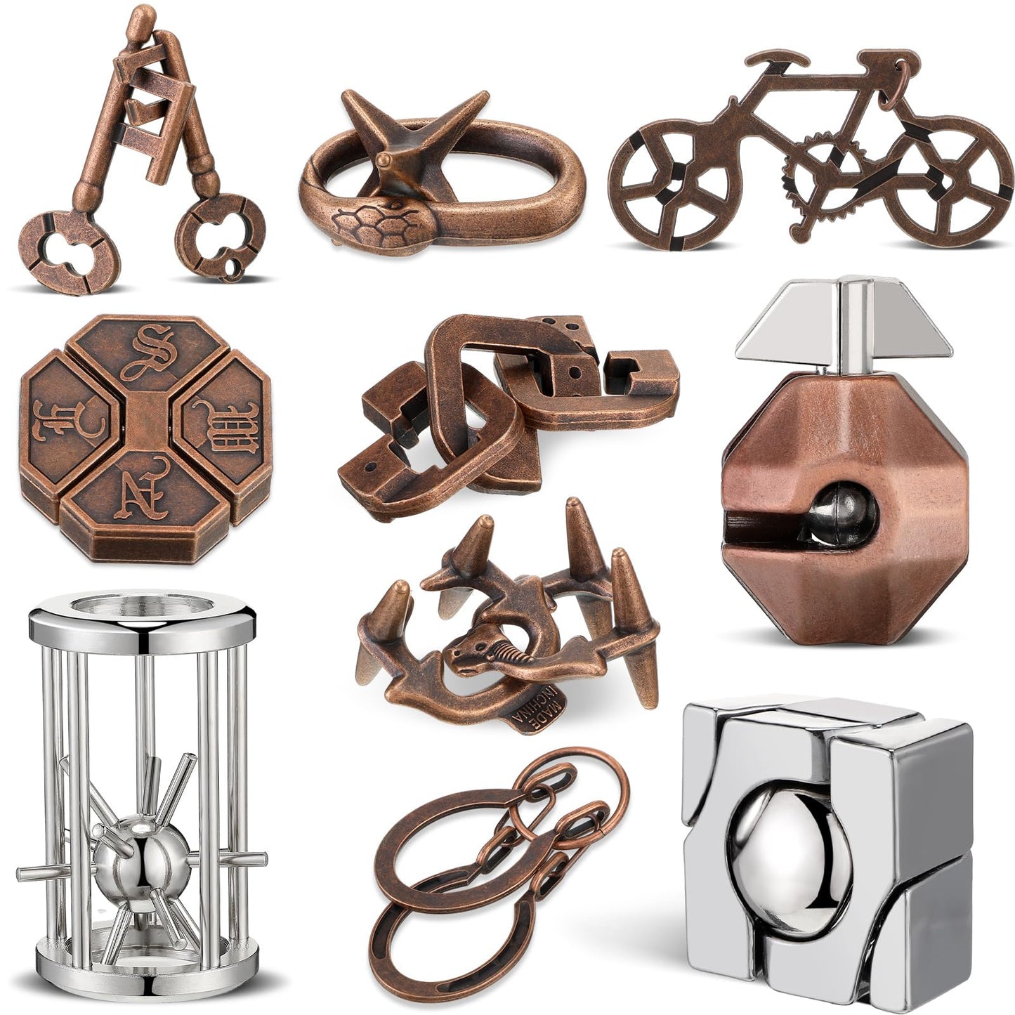 Syhood 10 Pieces Metal Brain Teaser Puzzles for Adults 3D Steel Puzzle Difficult Magic Mind Challenge Unlock Interlocking Games 