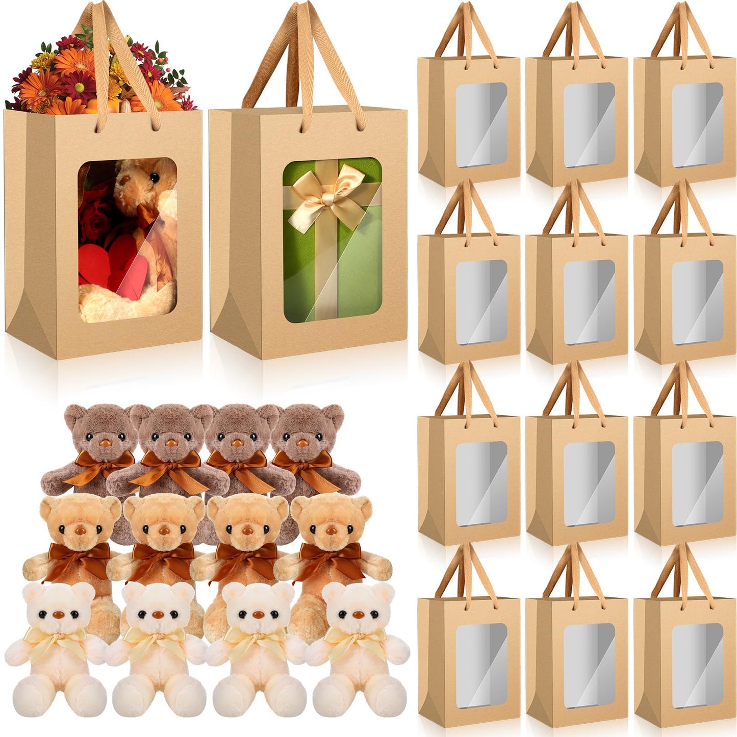 Shappy 12 Pack Cute Bear Gift Bulk Bear Animals Set With Paper Bags 12 Inch Soft Party Favors For Birthday Thanksgiving Christmas Valentines(Kraft)