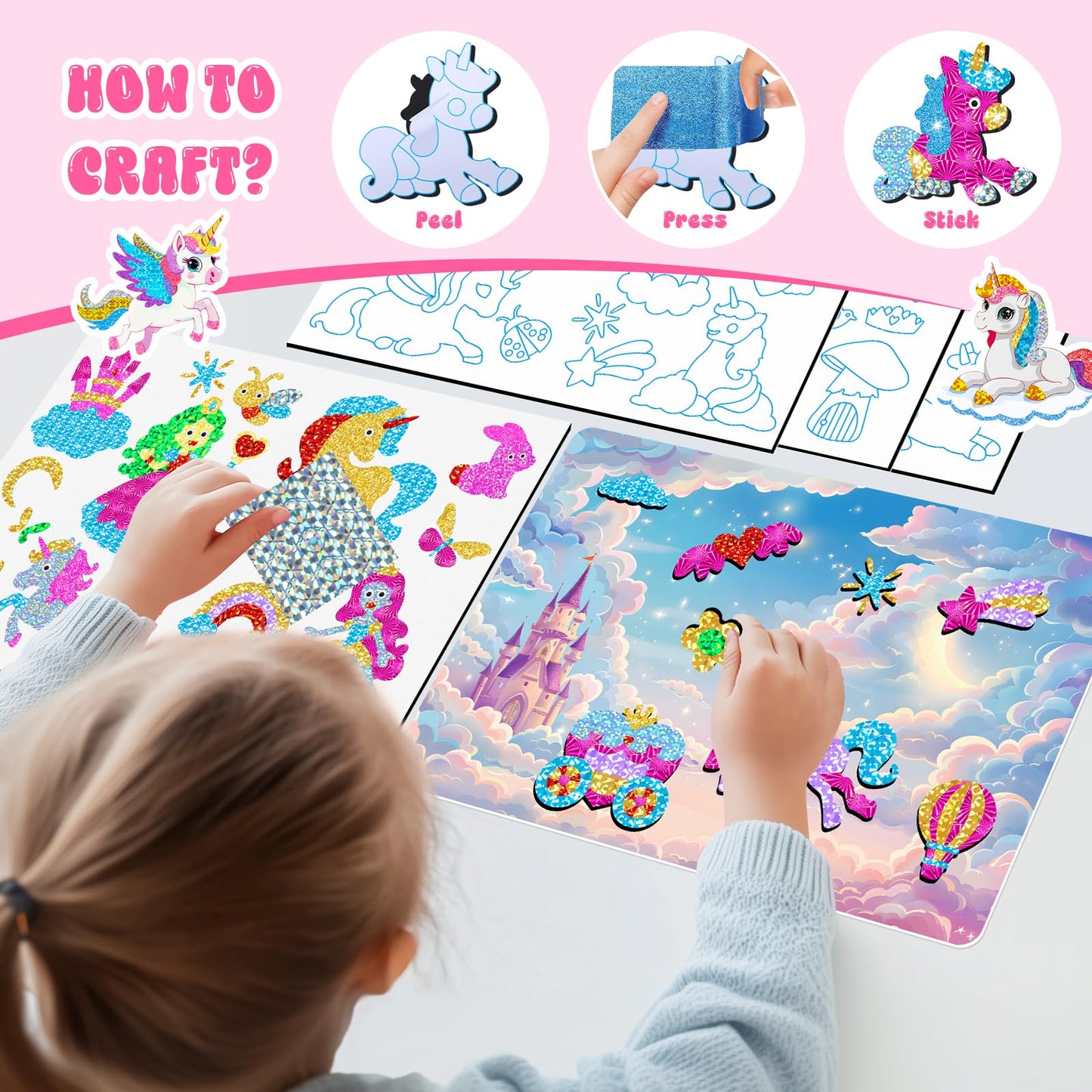 homicozy Art & Craft Activity for Kids-Foil Fun Unicorn & Princesses,No Mess Art Crafts for Girls,DIY Foil Foam Stickers,Creativ