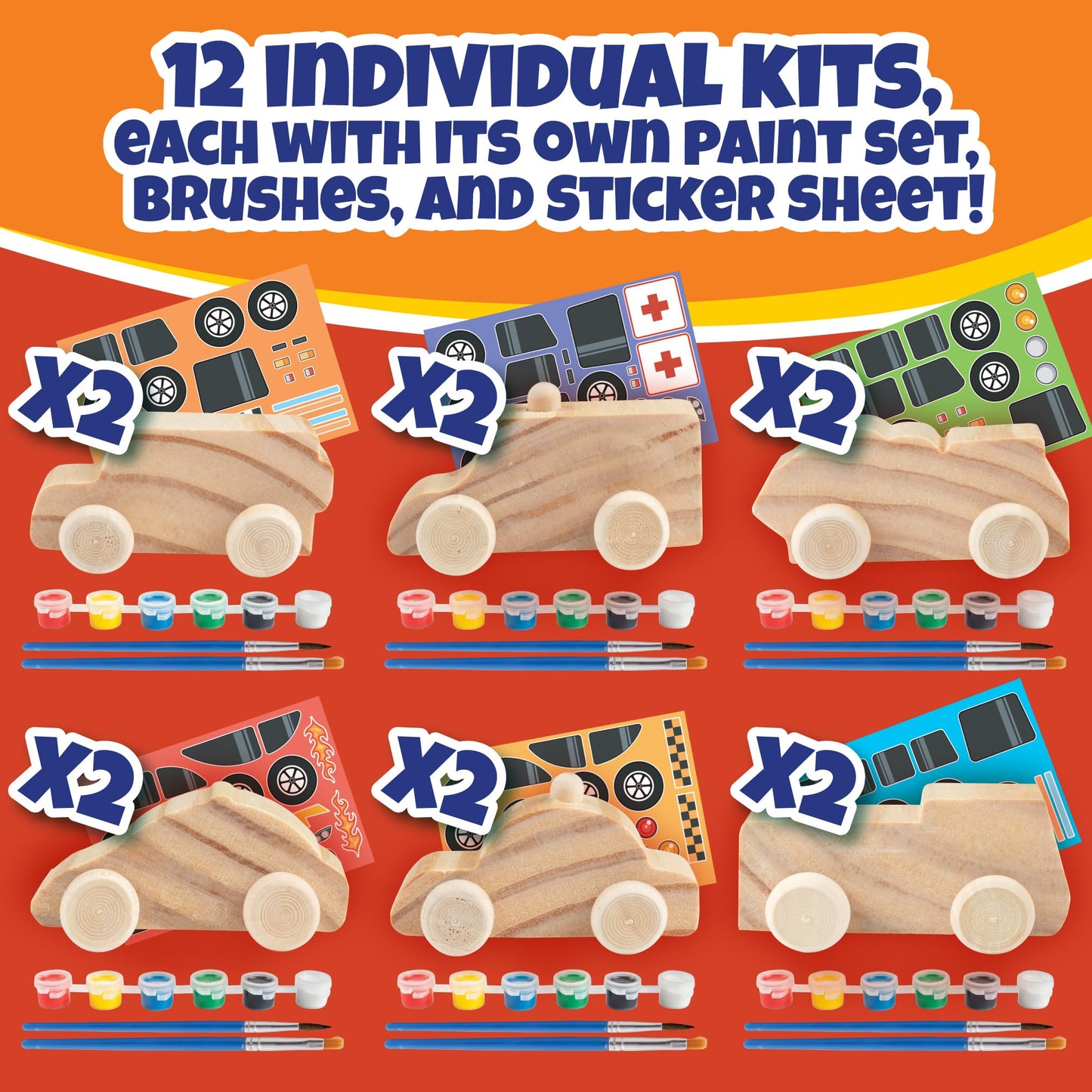 Kids Party Wood Painting Craft Kits (12ct) 3-D Cars - Each Kit Has its Own Brush, Paint, & Figure- 6 Designs Include Taxi, Truck