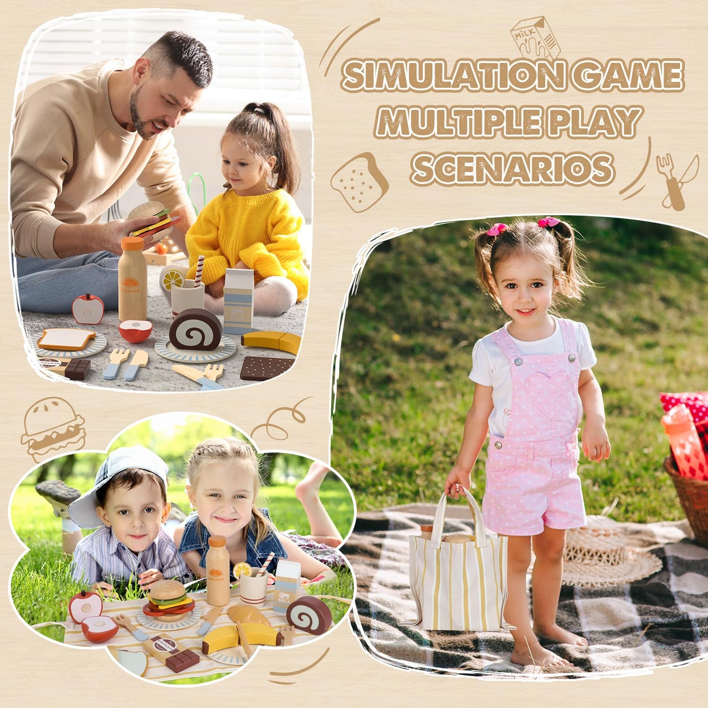 Lehoo Castle Play Food Sets for Kids Kitchen, Wooden Toys Food for Toddlers 1-3, Pretend Picnic Play Set, Cutting Food Toys, Gif