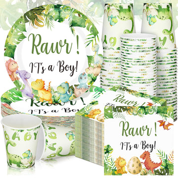 200 Pcs Dinosaur Baby Shower Paper Plates Napkins Cups Baby Shower Party Supplies Tableware Set Dinosaur Disposable Cup Napkin F