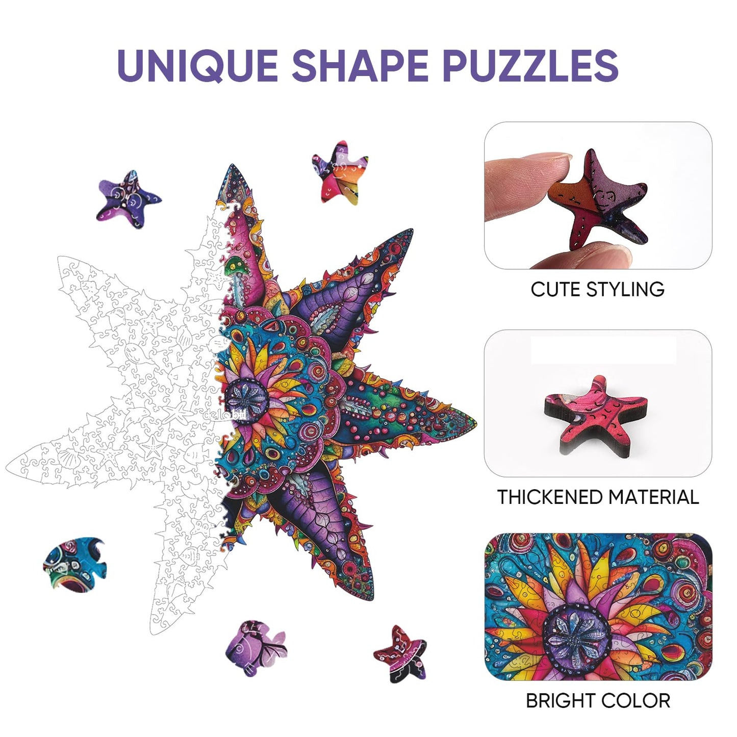 Qiuenisray Starfish Wooden Puzzles 200 Pieces  Ocean Puzzles for mature-themeds  Unique Shape Animal mature-themed Puzzles  Irregular Wooden Best Gift for mature-themeds Family Game (14.3x14.3 in)