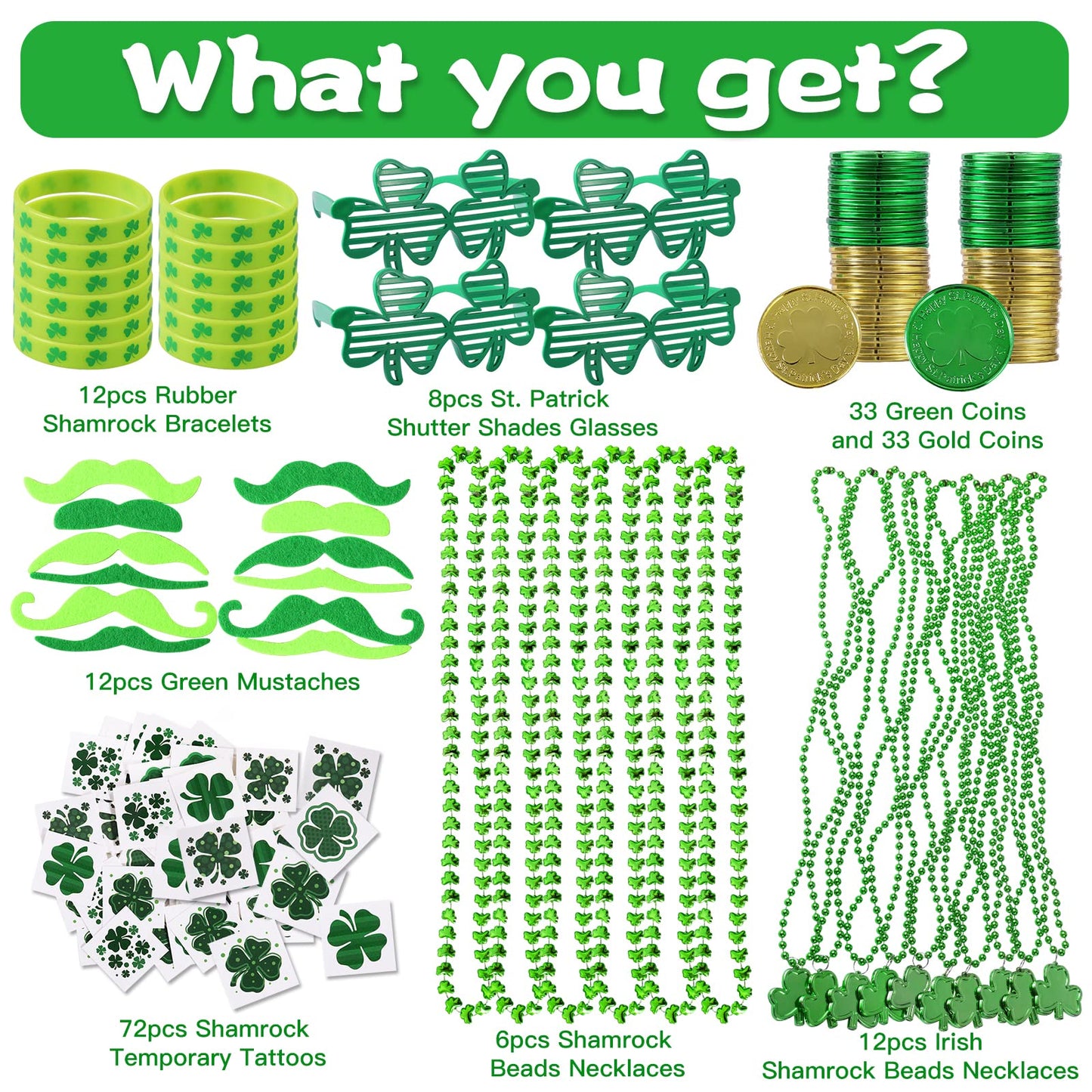 Max Fun 188Pcs St Patricks Day Accessories Party Favors Set Decorations Kids Saint Patricks Day Irish Decor, Green Beads Shamrock For Parades Supplies