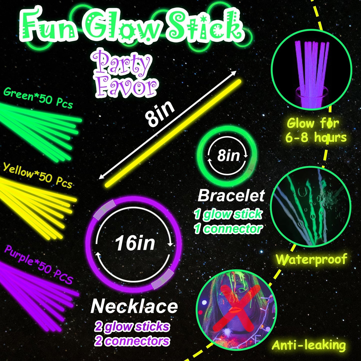 150 pk 8 Green Yellow Purple Glow Sticks Bulk Party Favors, Light up Glow Necklaces & Bracelets in the Dark Party Supplies For C