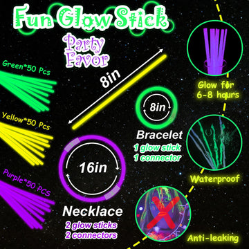 150 pk 8 Green Yellow Purple Glow Sticks Bulk Party Favors, Light up Glow Necklaces & Bracelets in the Dark Party Supplies For C