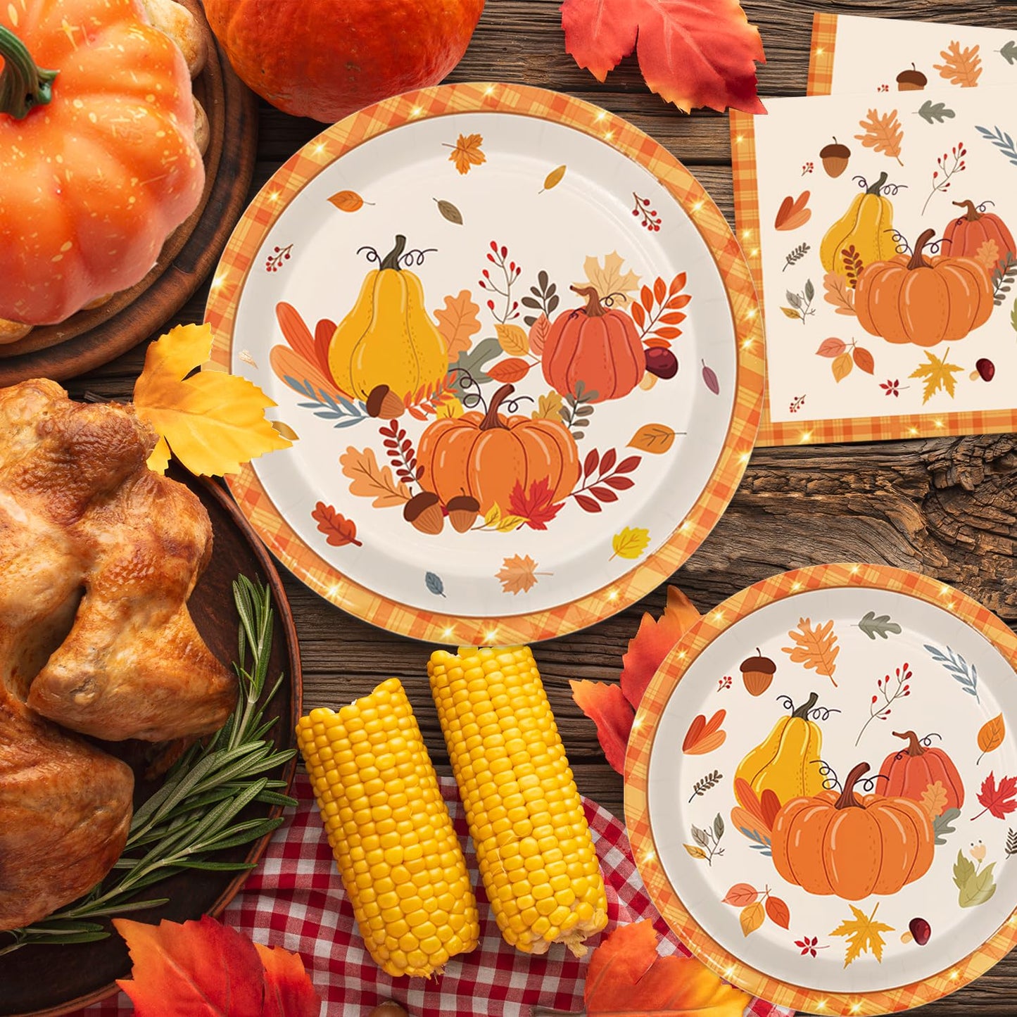 LINHAXM 168 PCS Thanksgiving Fall Party Supplies Autumn Pumpkin Tableware Set Includes Paper Plates, Napkins, Cups, Cutlery for