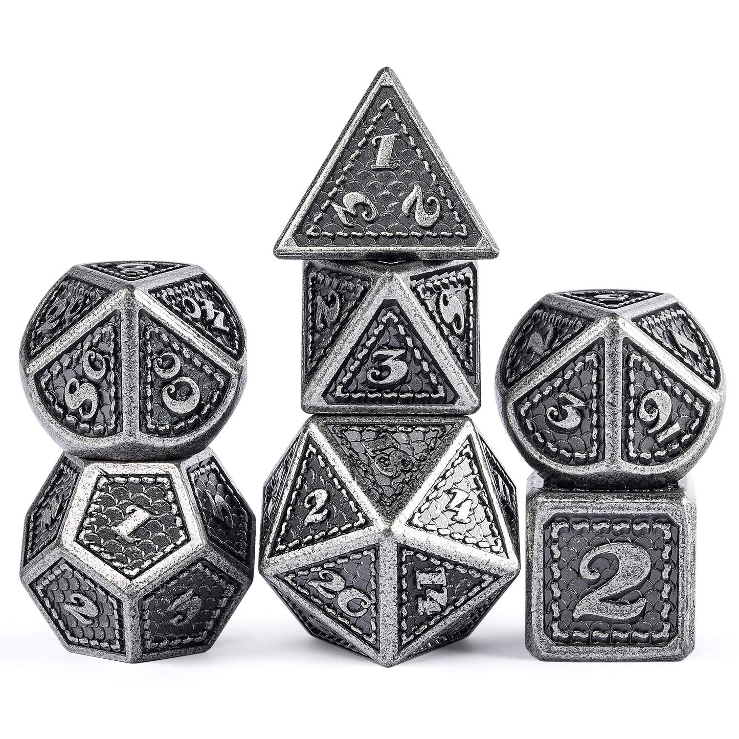 DNDND Dragon Scale Metal Dice Set, 7 Pieces Polyhedral Metallic Die with Gift Metal Case for Dungeons and Dragons D&D (Ancient S