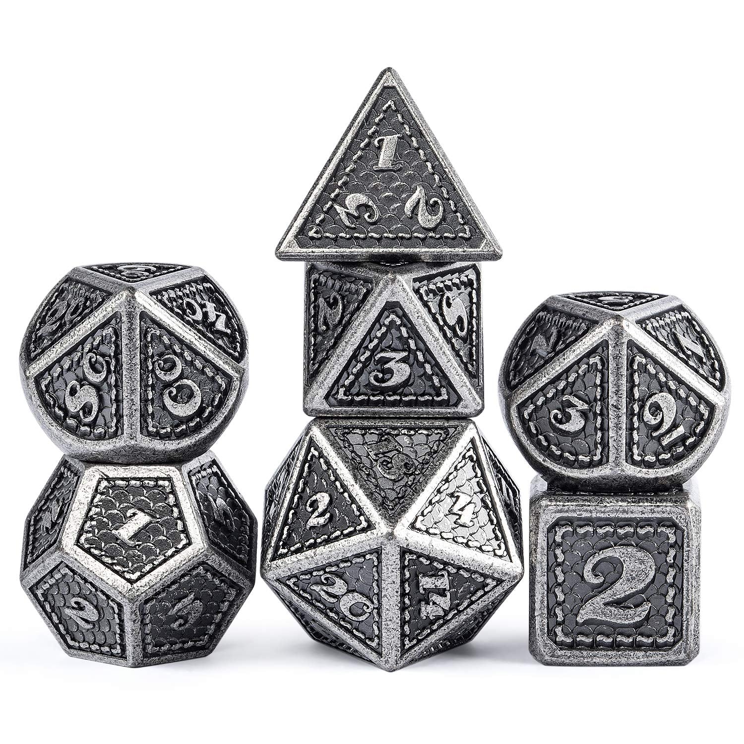 DNDND Dragon Scale Metal Dice Set, 7 Pieces Polyhedral Metallic Die with Gift Metal Case for Dungeons and Dragons D&D (Ancient S