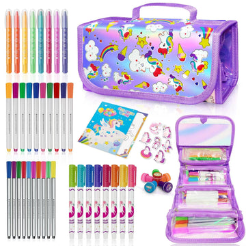weirtoya Washable Fruit Scented Markers Set, 56 Piece with Unicorn Pencil Case, Stickers & Coloring Book, Purple-Unicorn, Model WAY23/01