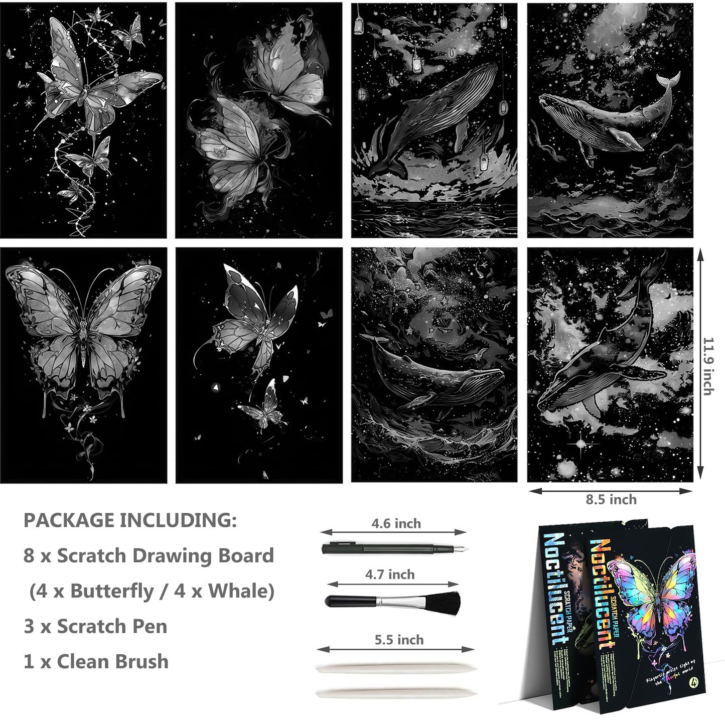 8 Sheet Noctilucent Scratch Art Rainbow Painting Paper with Pen / Cleaning Brush, Glow in The Dark Engraving Scratchboard(A4) fo