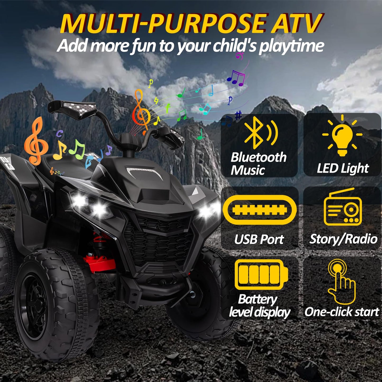 Kids Atv 4 Wheeler, 24V 2 Seater Electric Atv Quad W/4Wd Motor, Protective Gear Set, Bluetooth, Led Lights, Spring Suspension, B