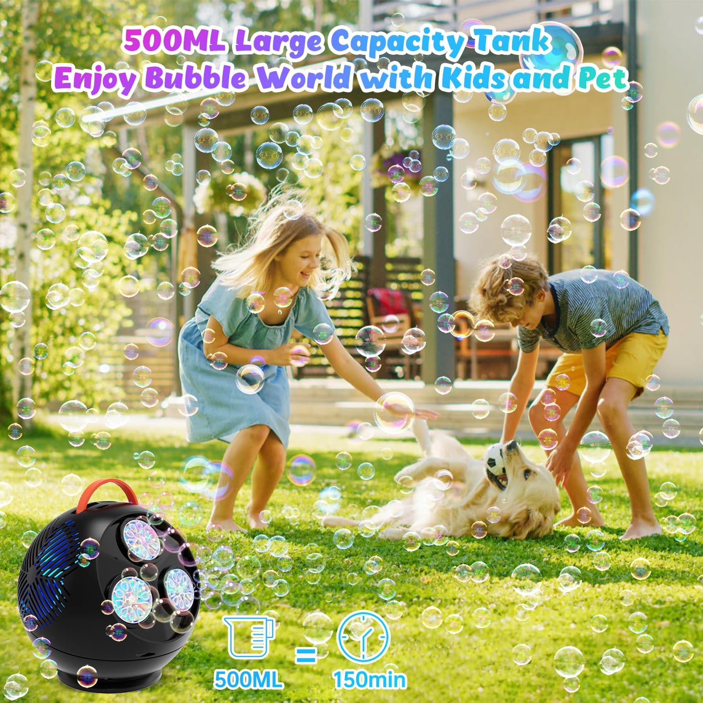 Bubble Machine for Kids Toddlers,45/360 Automatic Rotation Spherical Bubble Maker Toy with RGB Light,Rechargeable Type-C Charge