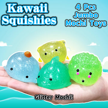 4 Pcs Jumbo Glitter Mochi Squishy Toys For Kids Party Favors, Kawaii Squishies, Sea Animals Sensory Toys For Classroom Prizes, E